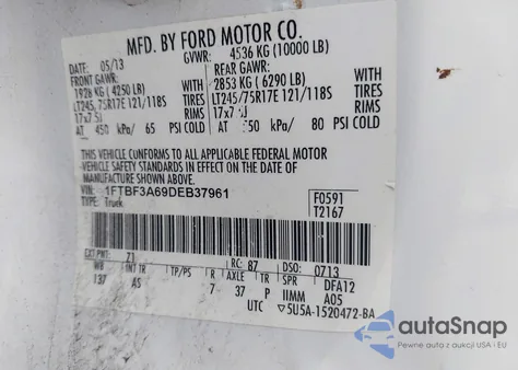 2013 Ford F-350 Xl из США, поврежденный, VIN 1FTBF3A69DEB37961